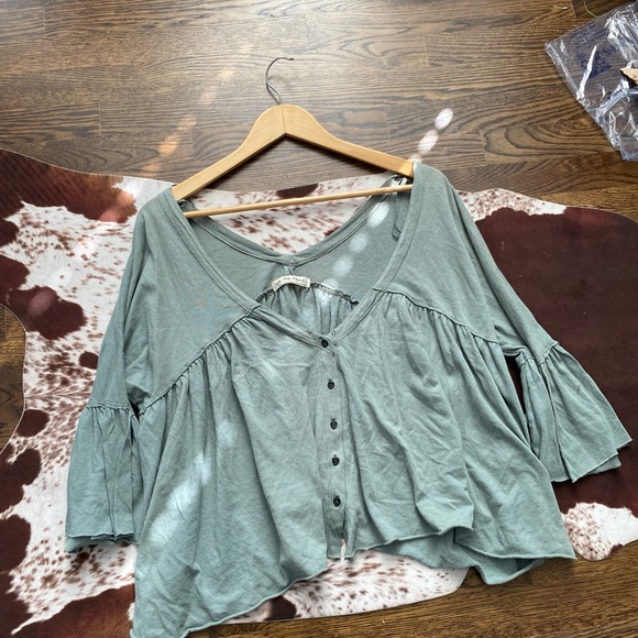 Free People Moss Green Vintage Wash Half Sleeve Babydoll Top - Picture 7 of 7